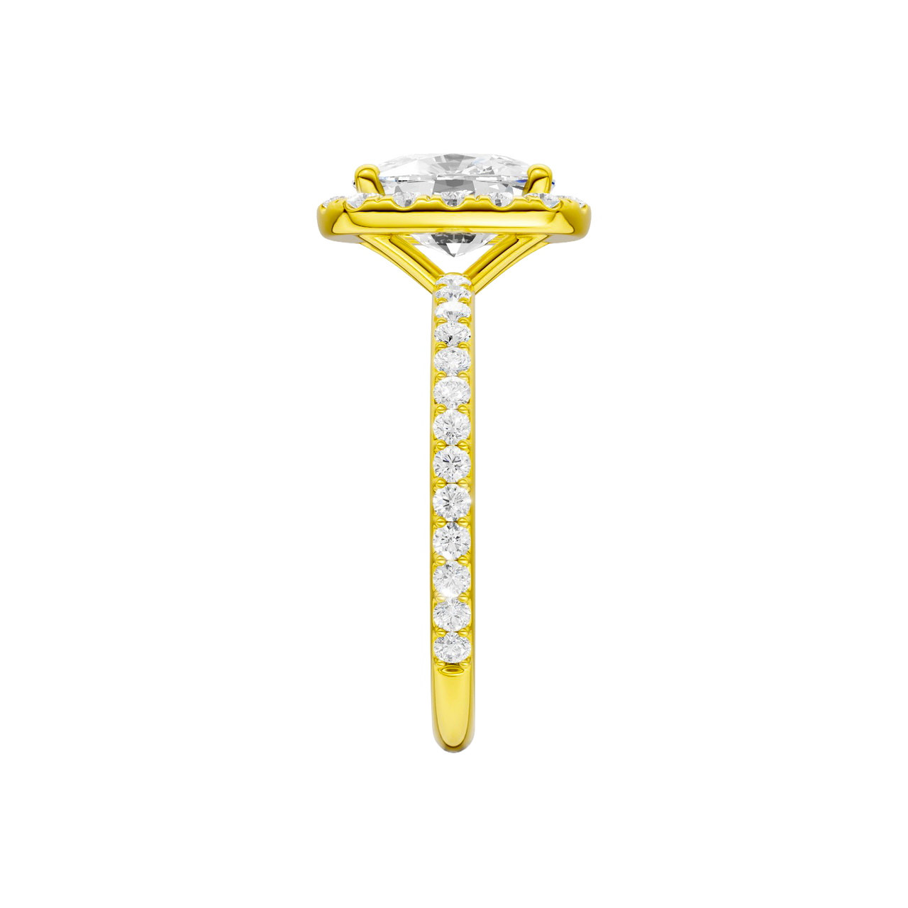 A side view of the Elongated Cushion cut diamond engagement ring in 14k yellow gold with a prong band and solitaire