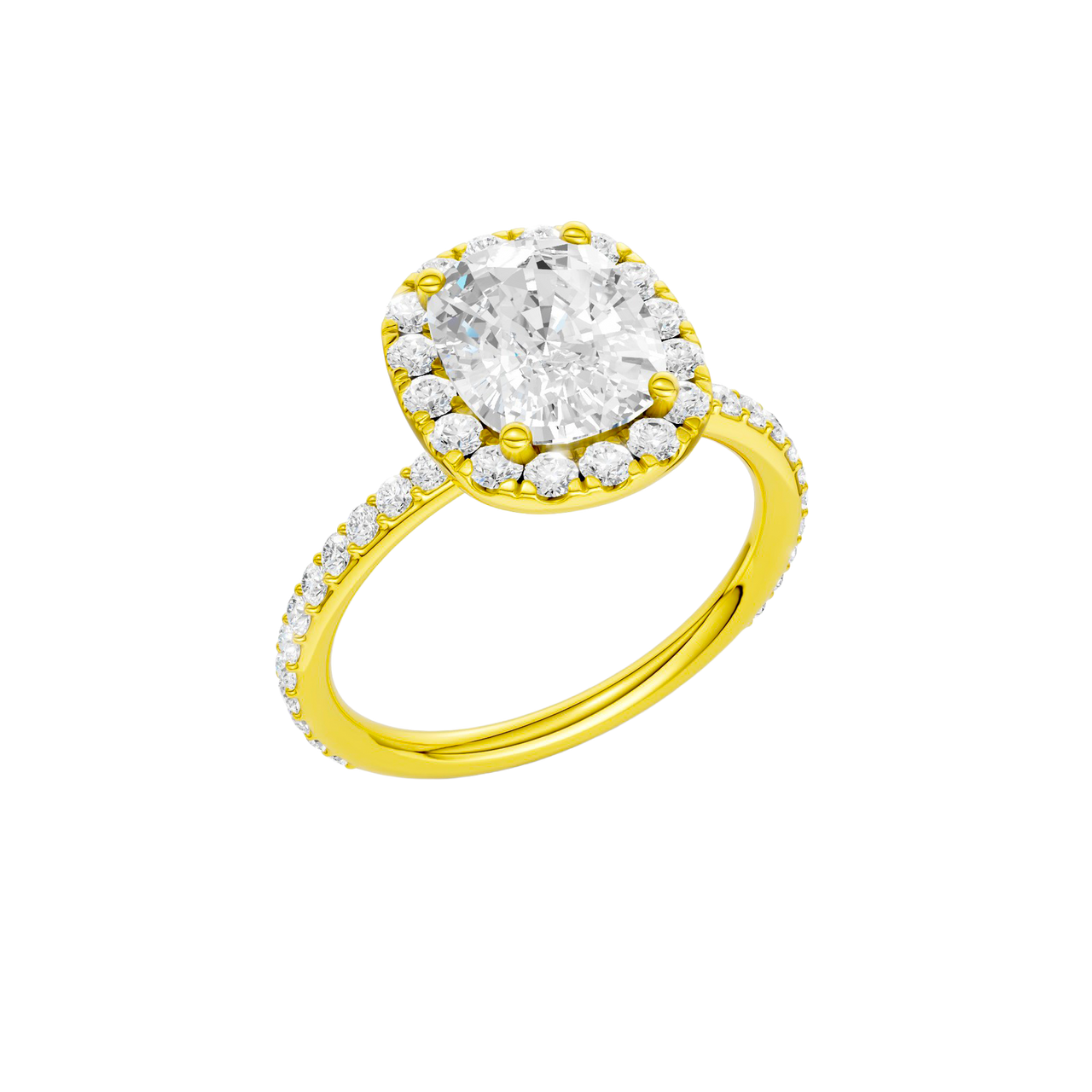 A three-quarter view of the Elongated Cushion cut diamond engagement ring in 14k yellow gold with a prong band and solitaire setting