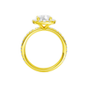 A profile view of the Elongated Cushion cut diamond engagement ring in 14k yellow gold with a prong band and solitaire