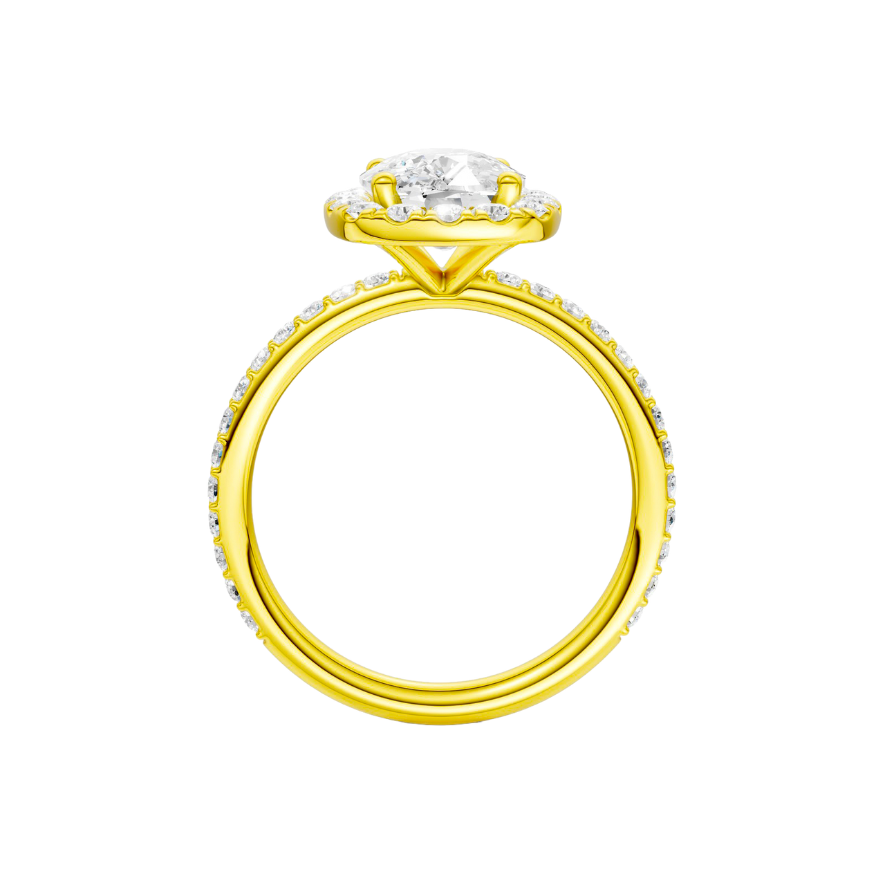 A profile view of the Elongated Cushion cut diamond engagement ring in 14k yellow gold with a prong band and solitaire