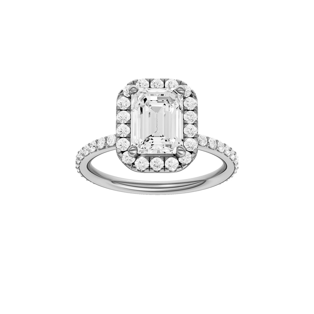 A front view of the Emerald cut diamond engagement ring in platinum with a prong diamond band and cathedral setting