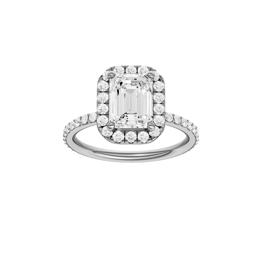 A front view of the Emerald cut diamond engagement ring in 14k white gold with a prong diamond band and cathedral setting