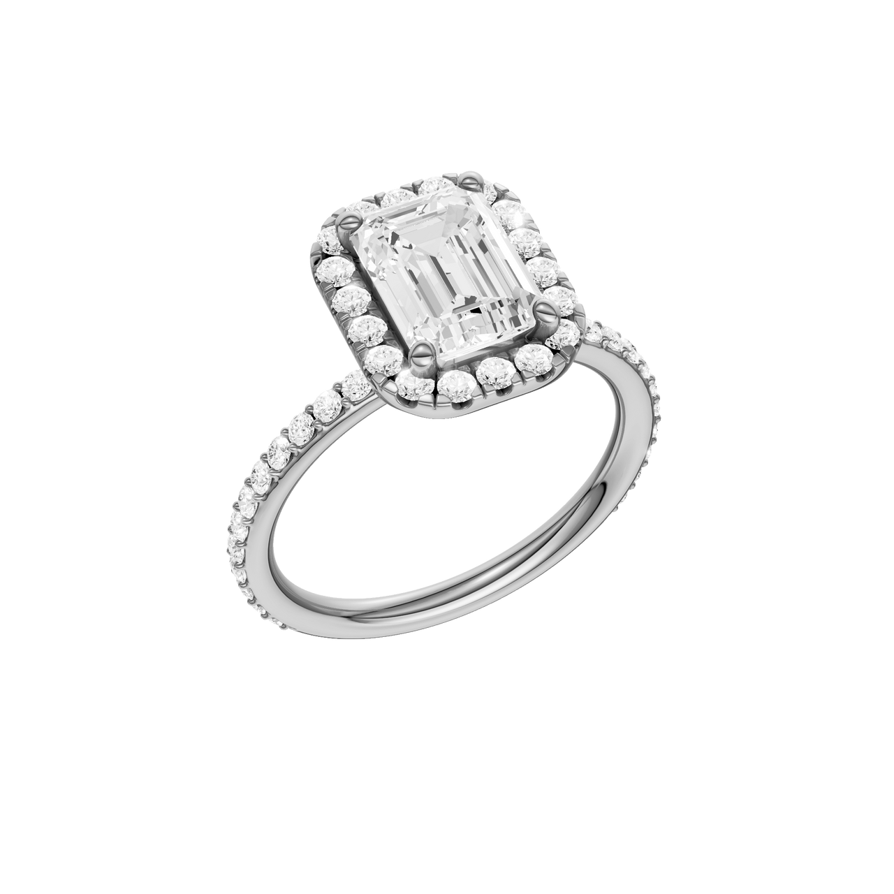 A three-quarter view of the Emerald cut diamond engagement ring in platinum with a prong diamond band and cathedral setting