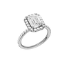 A three-quarter view of the Emerald cut diamond engagement ring in 14k white gold with a prong diamond band and cathedral setting