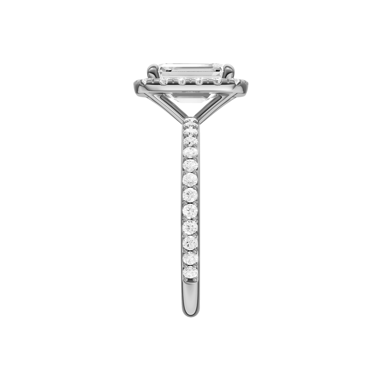 A side view of the Emerald cut diamond engagement ring in platinum with a prong diamond band and cathedral setting