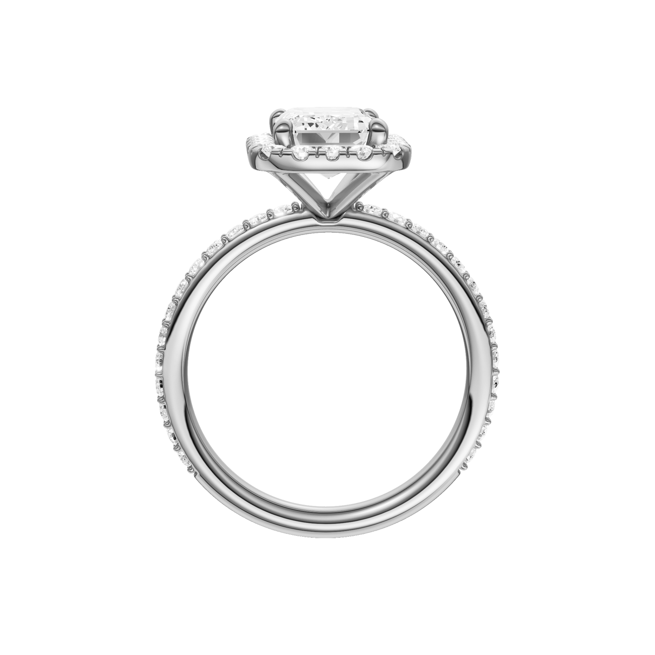 A profile view of the Emerald cut diamond engagement ring in platinum with a prong diamond band and cathedral setting