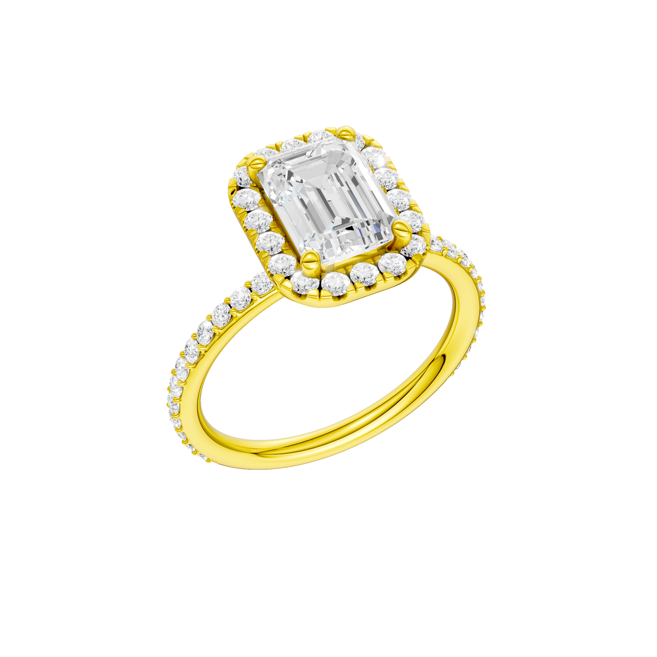 A three-quarter view of the Emerald cut diamond engagement ring in 14k yellow gold with a prong diamond band and cathedral setting