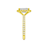 A side view of the Emerald cut diamond engagement ring in 14k yellow gold with a prong diamond band and cathedral setting