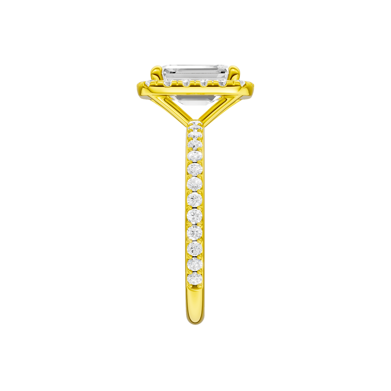 A side view of the Emerald cut diamond engagement ring in 14k yellow gold with a prong diamond band and cathedral setting
