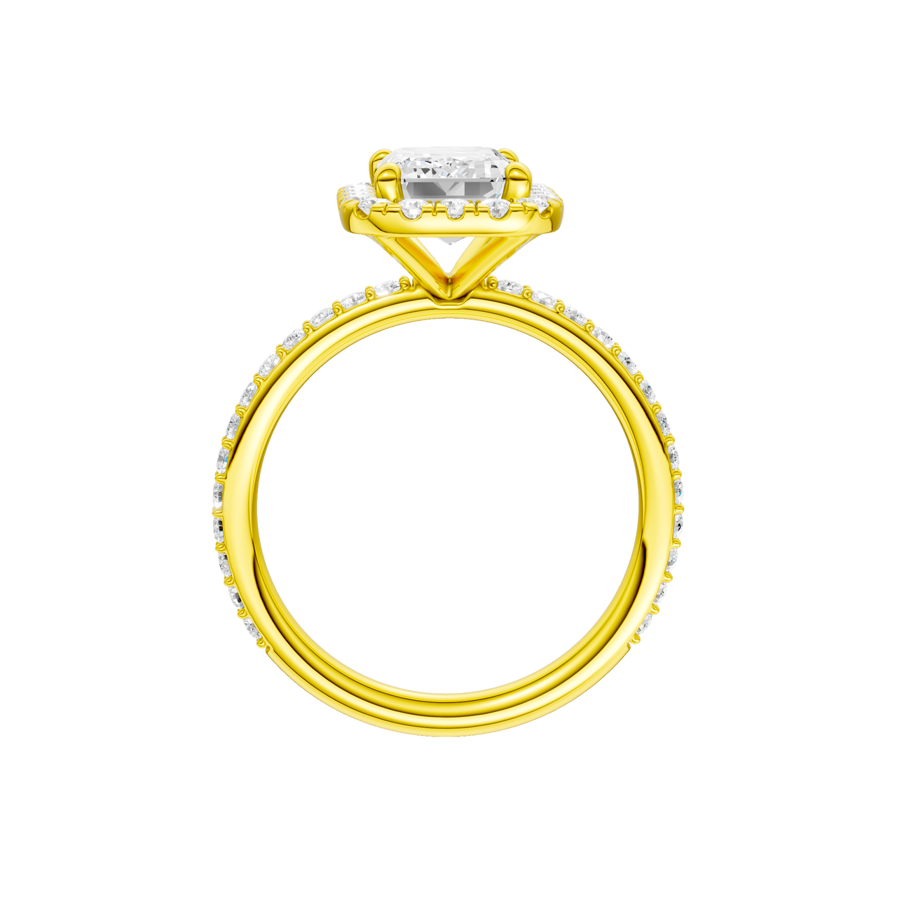 A profile view of the Emerald cut diamond engagement ring in 14k yellow gold with a prong diamond band and cathedral setting
