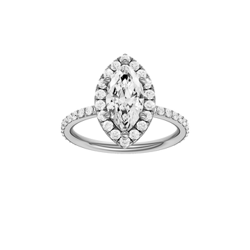 A front view of the Marquise cut diamond engagement ring in 14k white gold with a prong diamond band and cathedral setting