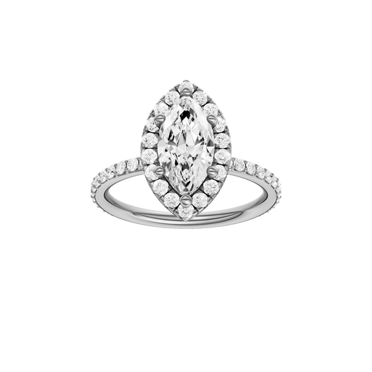 A front view of the Marquise cut diamond engagement ring in 14k white gold with a prong diamond band and cathedral setting