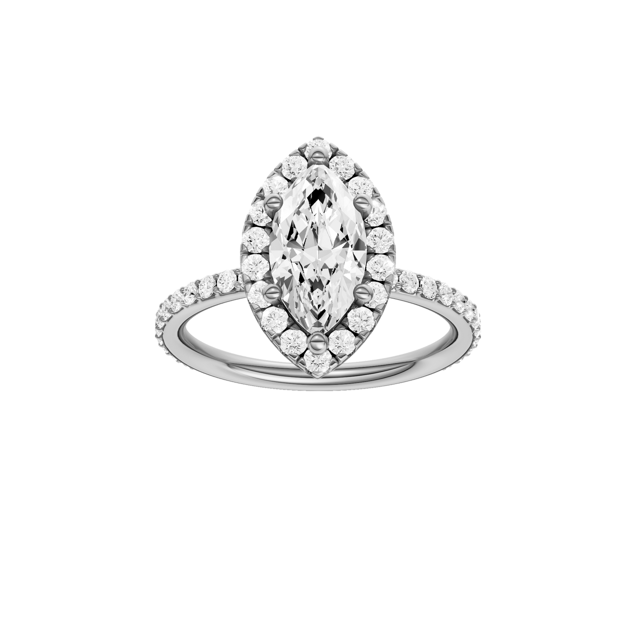 A front view of the Marquise cut diamond engagement ring in platinum with a prong diamond band and cathedral setting