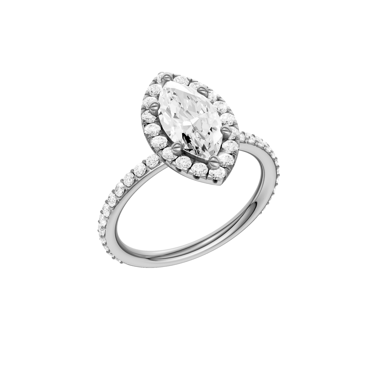 A three-quarter view of the Marquise cut diamond engagement ring in 14k white gold with a prong diamond band and cathedral setting