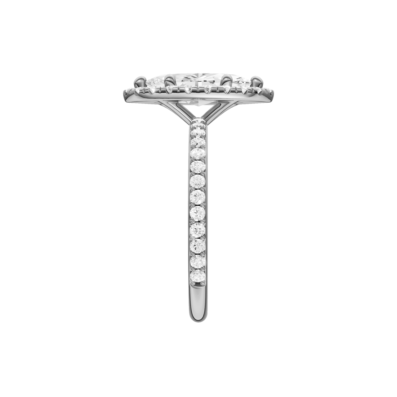 A side view of the Marquise cut diamond engagement ring in 14k white gold with a prong diamond band and cathedral setting