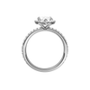A profile view of the Marquise cut diamond engagement ring in platinum with a prong diamond band and cathedral setting
