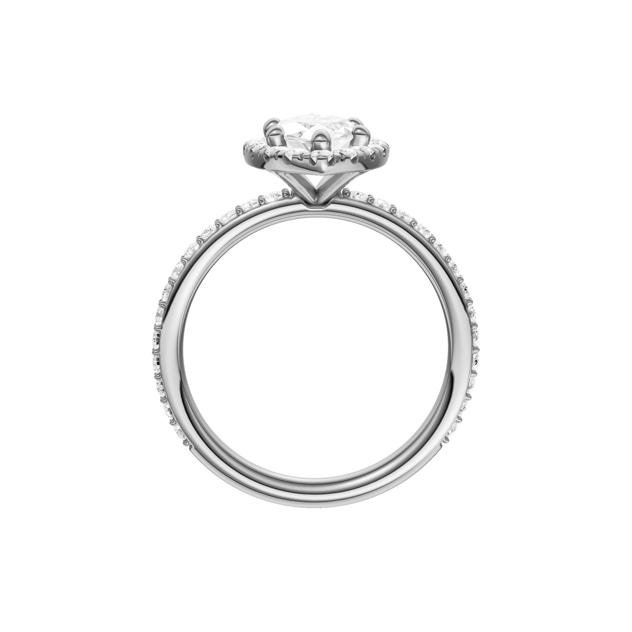 A profile view of the Marquise cut diamond engagement ring in 14k white gold with a prong diamond band and cathedral setting