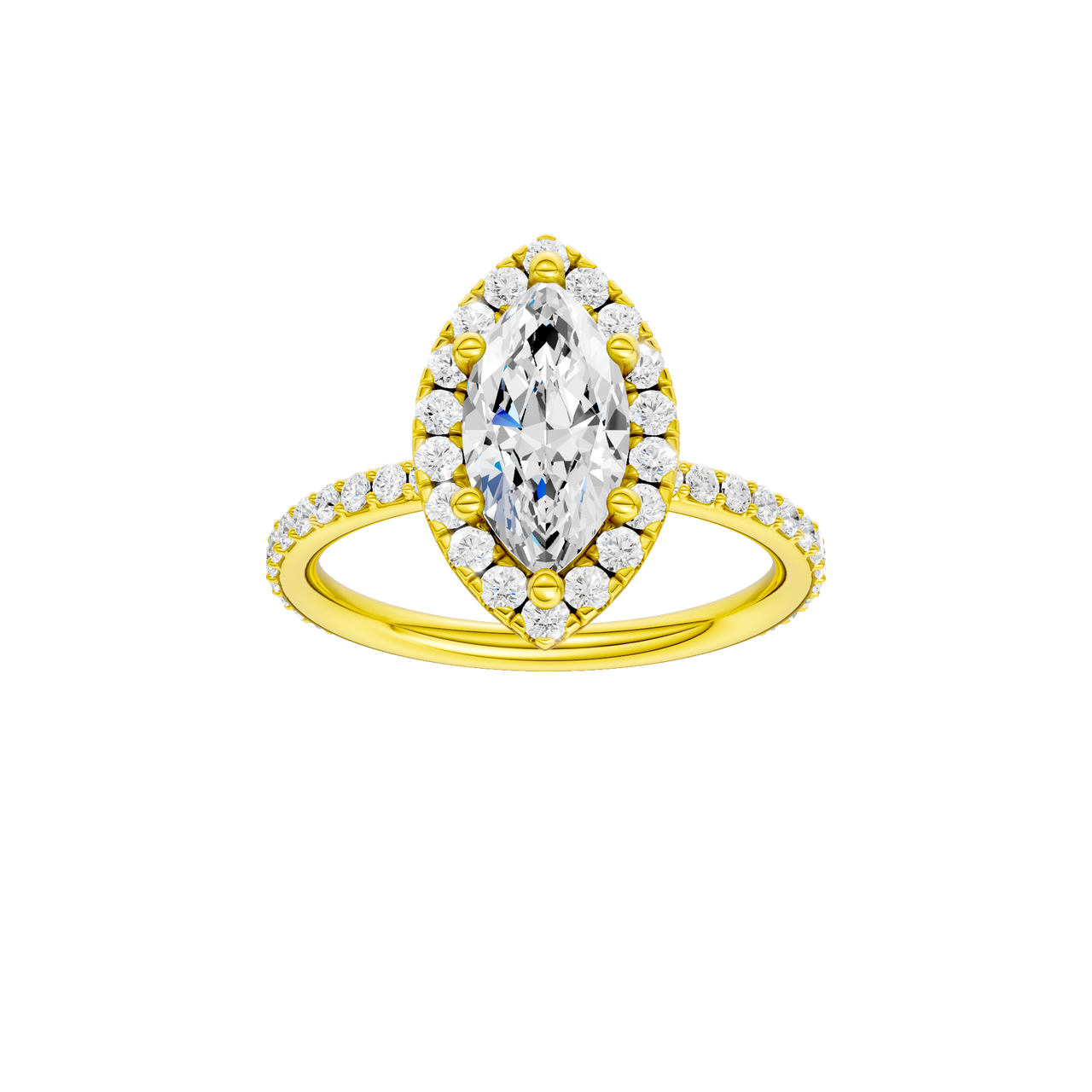 A front view of the Marquise cut diamond engagement ring in 14k yellow gold with a prong diamond band and cathedral setting