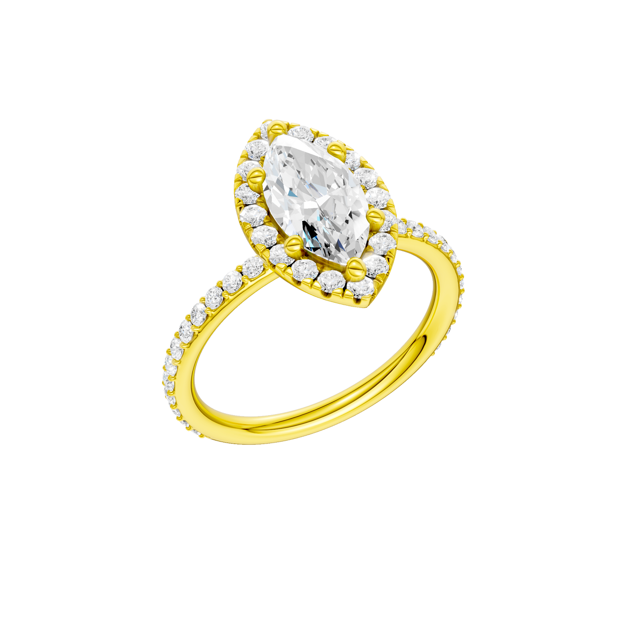 A three-quarter view of the Marquise cut diamond engagement ring in 14k yellow gold with a prong diamond band and cathedral setting