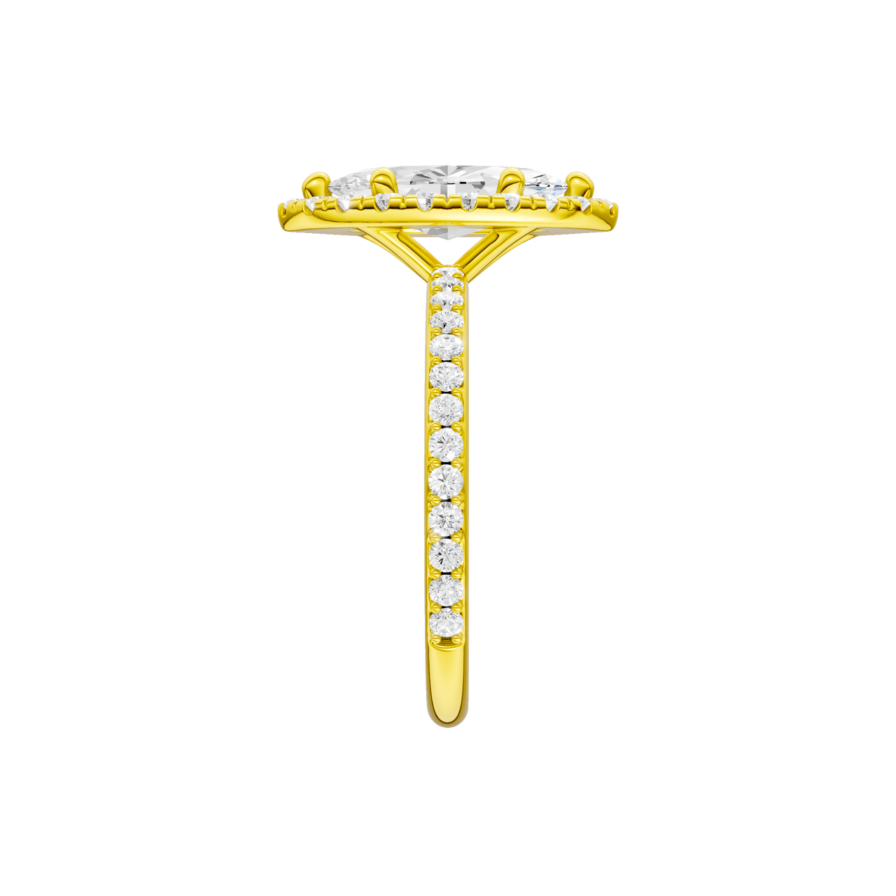 A side view of the Marquise cut diamond engagement ring in 14k yellow gold with a prong diamond band and cathedral setting