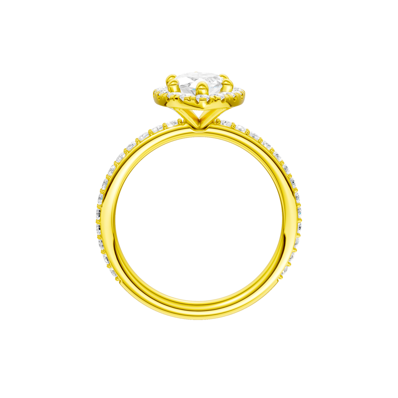 A profile view of the Marquise cut diamond engagement ring in 14k yellow gold with a prong diamond band and cathedral setting