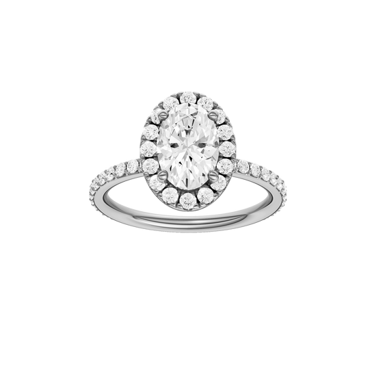A front view of the Oval cut diamond engagement ring in 14k white gold with a prong diamond band and cathedral setting