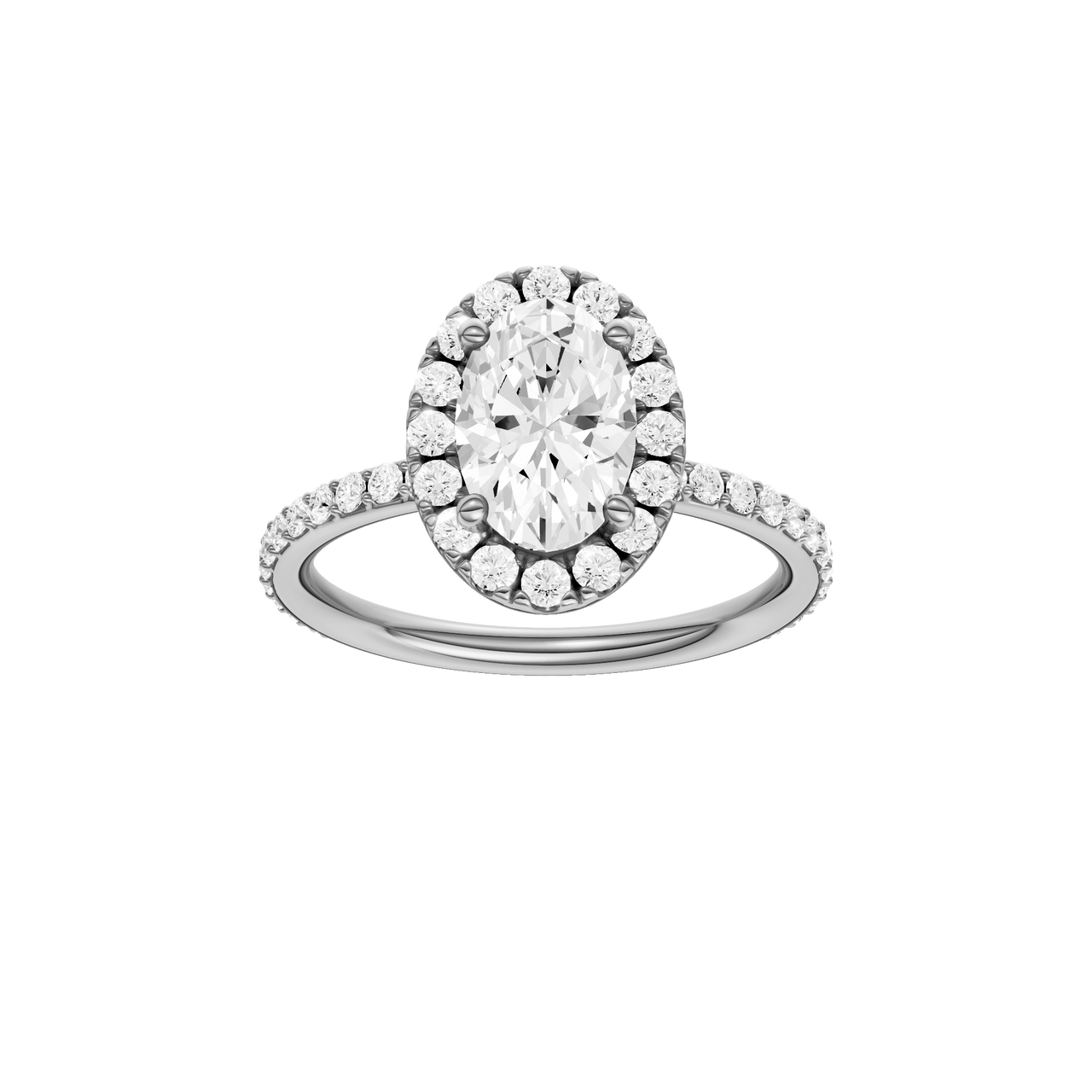 A front view of the Oval cut diamond engagement ring in 14k white gold with a prong diamond band and cathedral setting