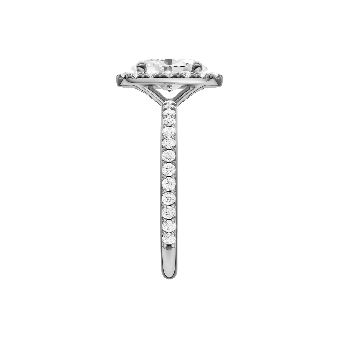 A side view of the Oval cut diamond engagement ring in 14k white gold with a prong diamond band and cathedral setting