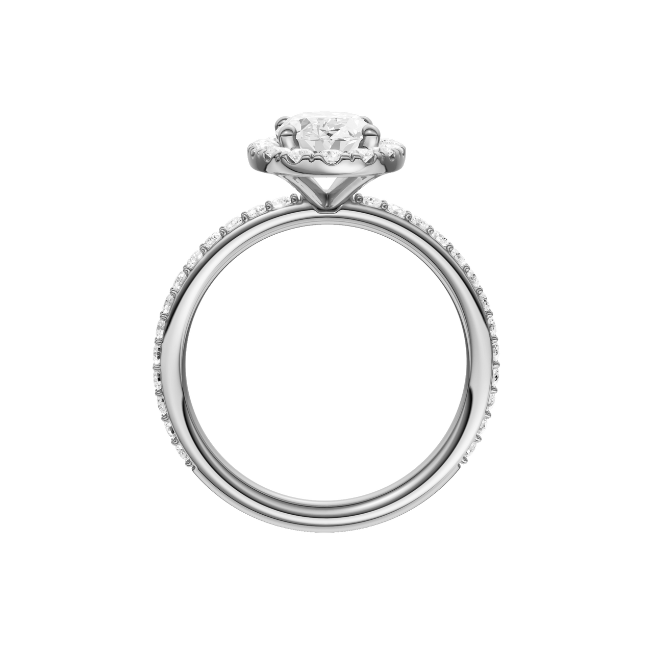 A profile view of the Oval cut diamond engagement ring in 14k white gold with a prong diamond band and cathedral setting