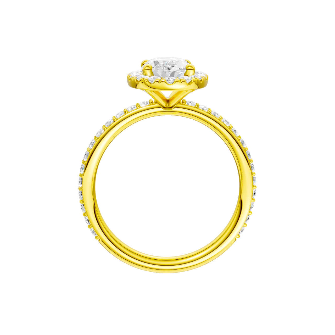 A profile view of the Oval cut diamond engagement ring in 14k yellow gold with a prong diamond band and cathedral setting