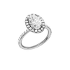 A three-quarter view of the Oval cut diamond engagement ring in platinum with a prong diamond band and cathedral setting