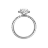 A profile view of the Oval cut diamond engagement ring in platinum with a prong diamond band and cathedral setting