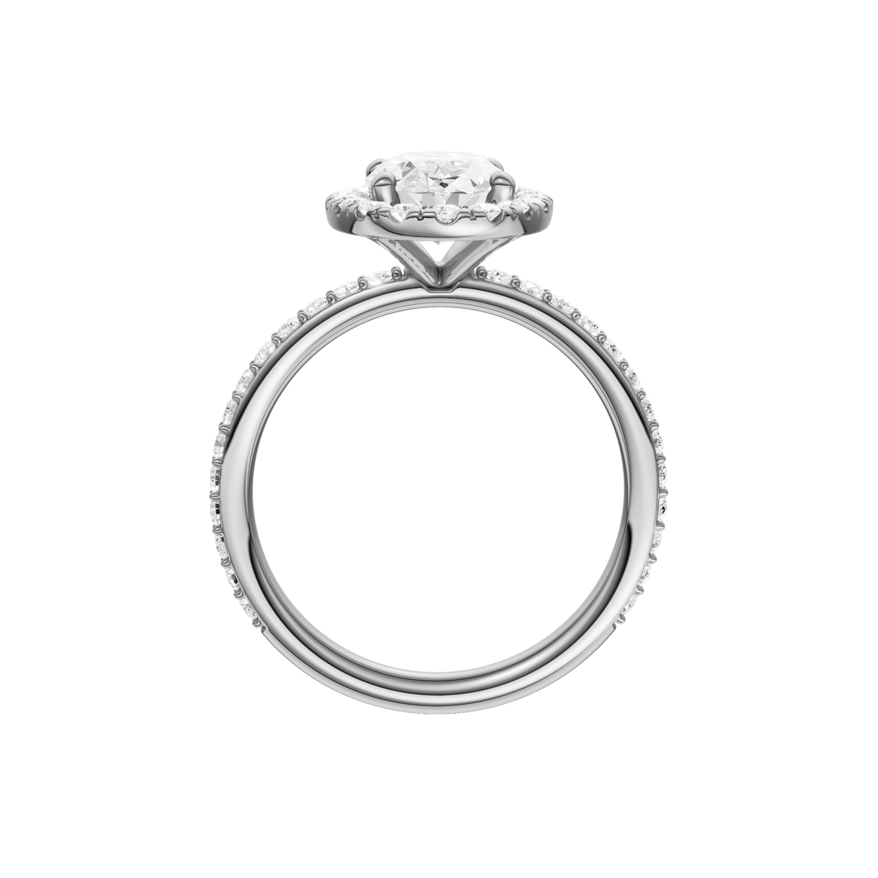 A profile view of the Oval cut diamond engagement ring in platinum with a prong diamond band and cathedral setting
