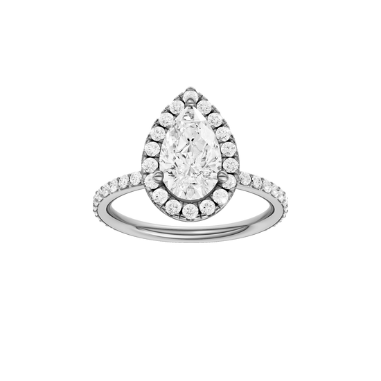 A front view of the Pear cut diamond engagement ring in 14k white gold with a prong diamond band and cathedral setting