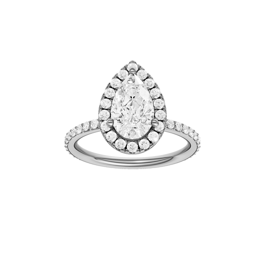 A front view of the Pear cut diamond engagement ring in 14k white gold with a prong diamond band and cathedral setting