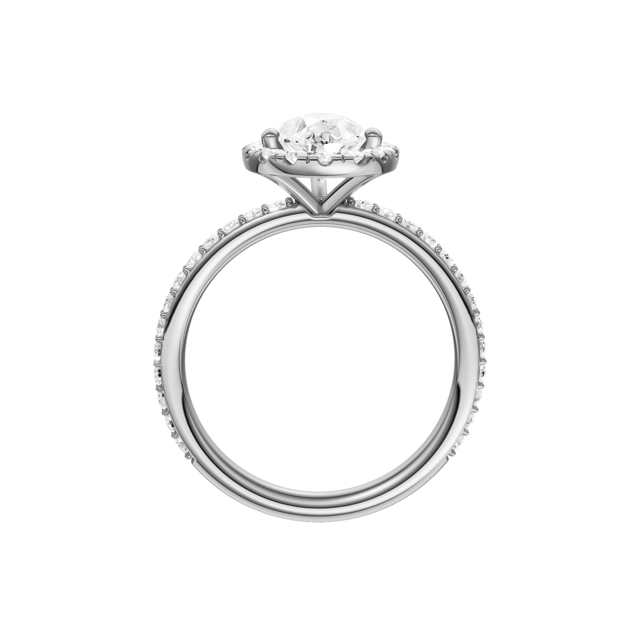 A profile view of the Pear cut diamond engagement ring in 14k white gold with a prong diamond band and cathedral setting