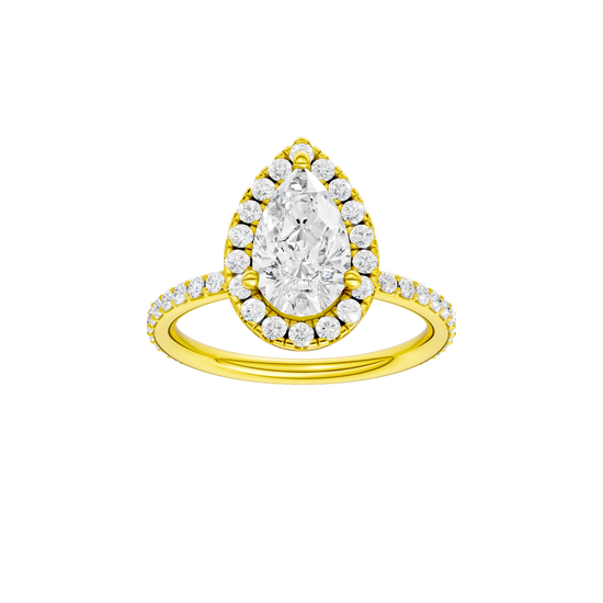 A front view of the Pear cut diamond engagement ring in 14k yellow gold with a prong diamond band and cathedral setting