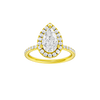 A front view of the Pear cut diamond engagement ring in 14k yellow gold with a prong diamond band and cathedral setting