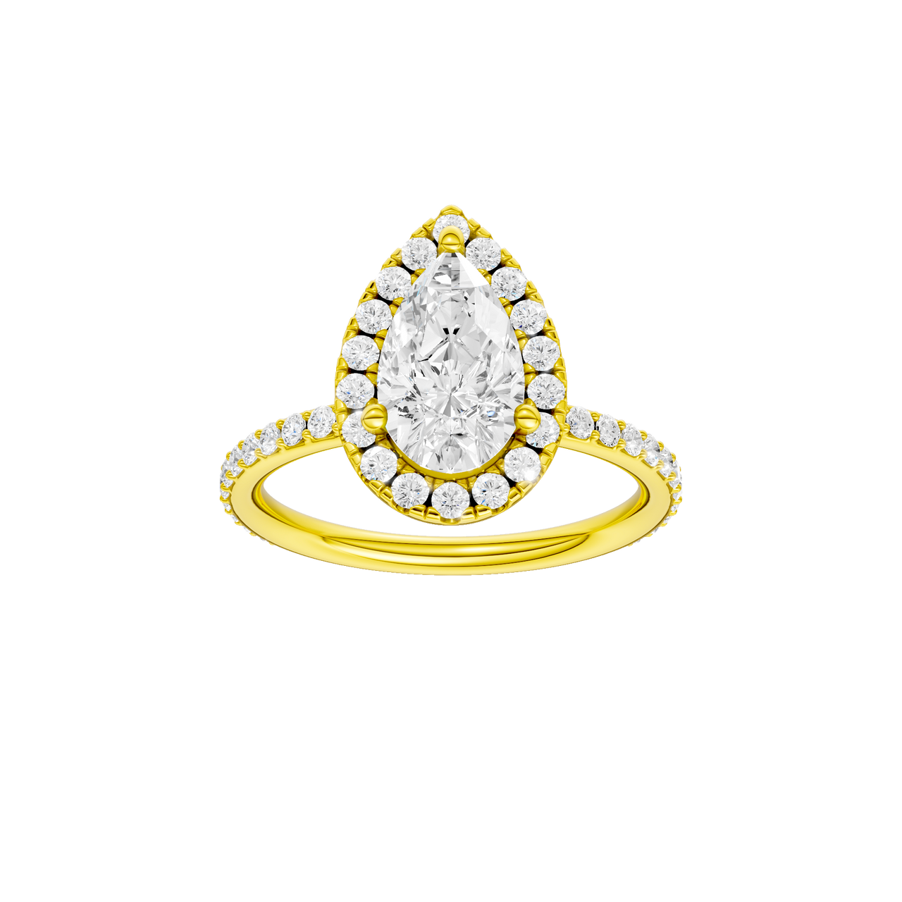 A front view of the Pear cut diamond engagement ring in 14k yellow gold with a prong diamond band and cathedral setting