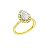 A three-quarter view of the Pear cut diamond engagement ring in 14k yellow gold with a prong diamond band and cathedral setting