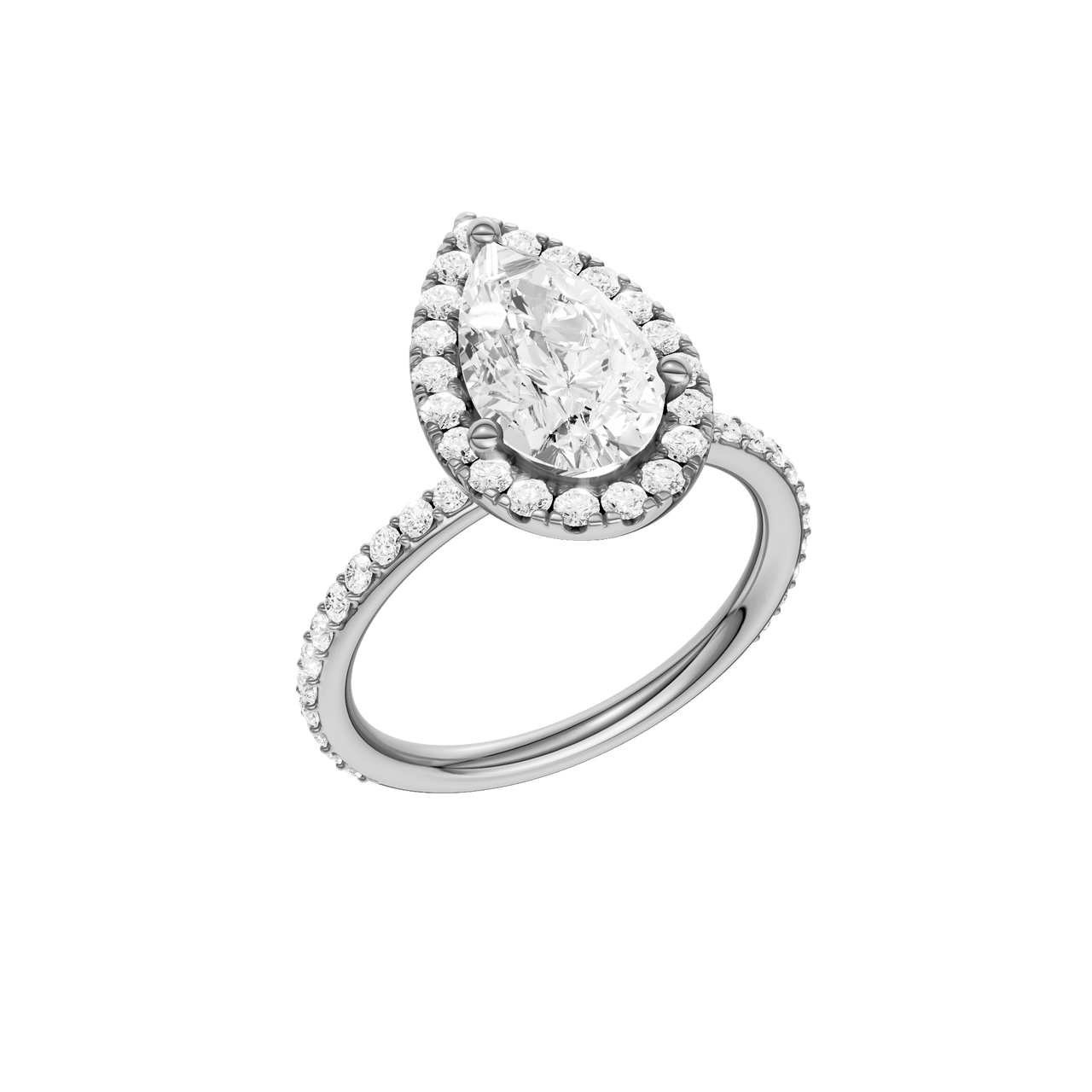 A three-quarter view of the Pear cut diamond engagement ring in platinum with a prong diamond band and cathedral setting