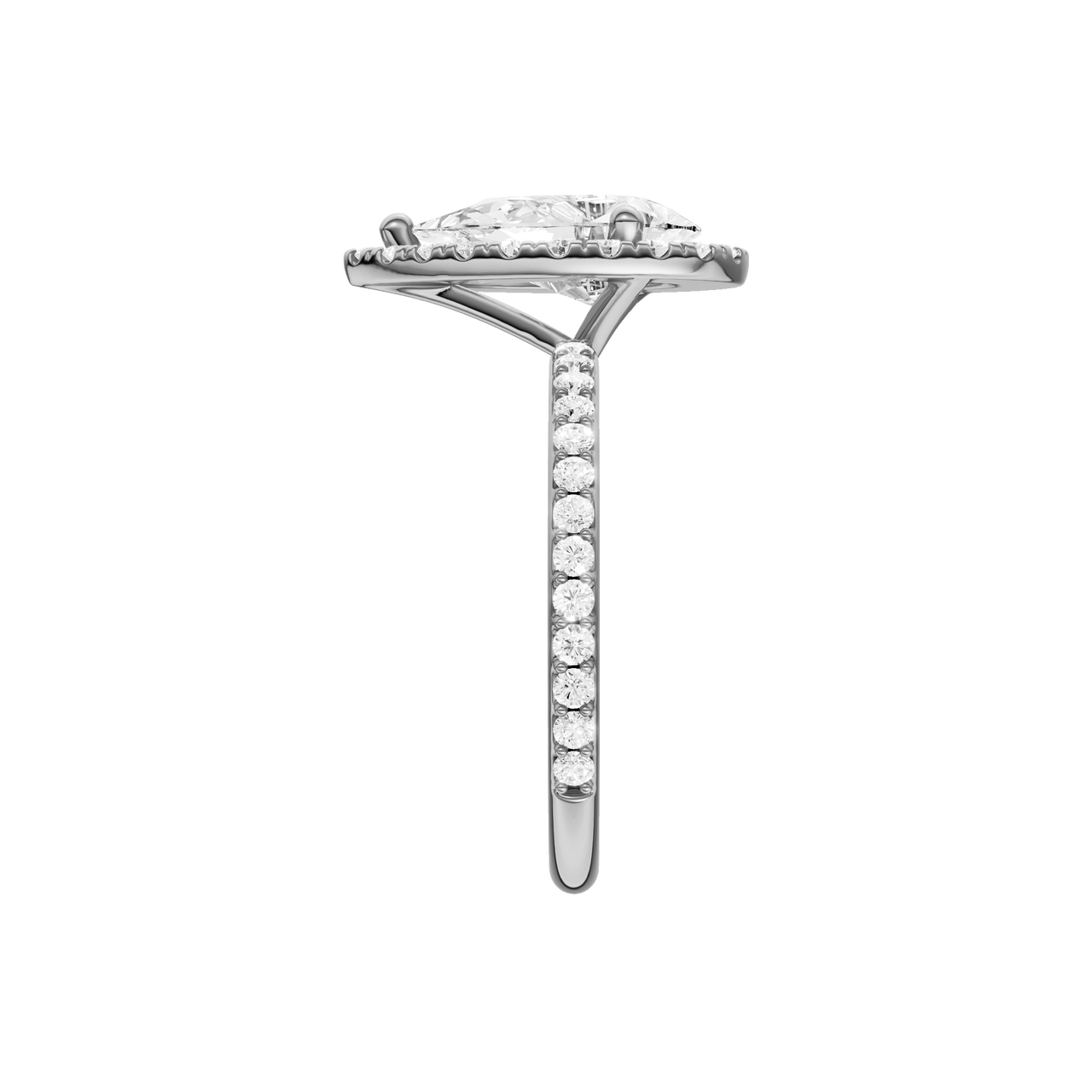 A side view of the Pear cut diamond engagement ring in platinum with a prong diamond band and cathedral setting