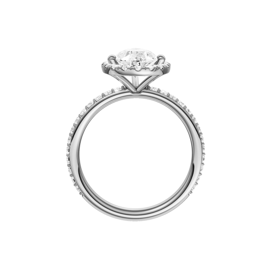 A profile view of the Pear cut diamond engagement ring in platinum with a prong diamond band and cathedral setting