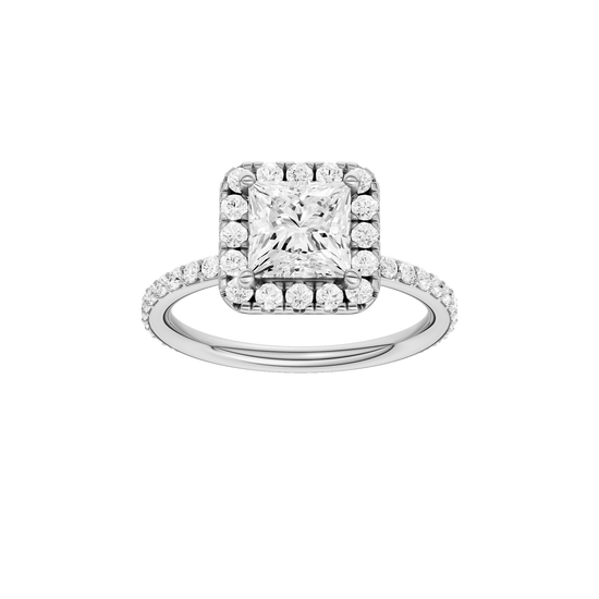 A front view of the Princess cut diamond engagement ring in platinum with a prong diamond band and cathedral setting