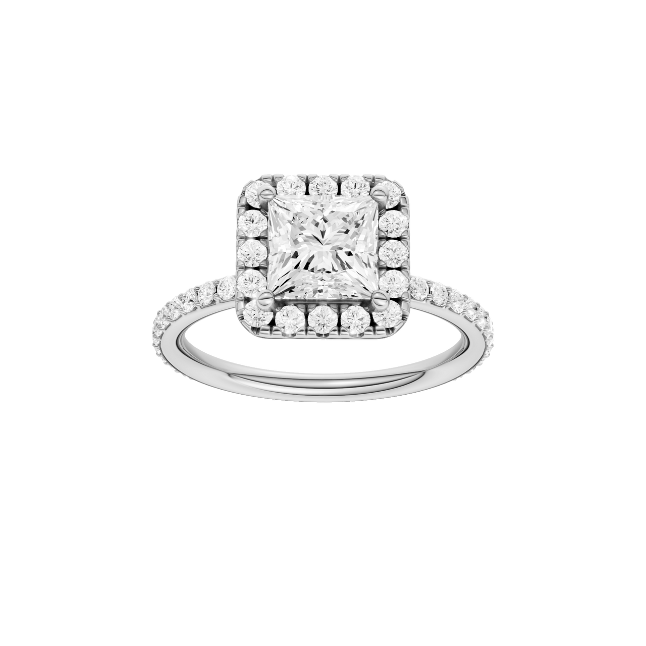 A front view of the Princess cut diamond engagement ring in platinum with a prong diamond band and cathedral setting