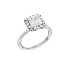A three-quarter view of the Princess cut diamond engagement ring in platinum with a prong diamond band and cathedral setting