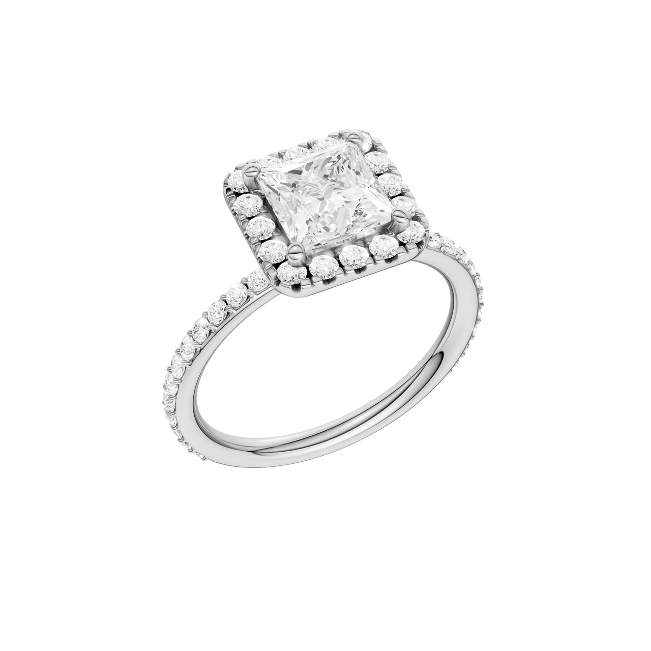 A three-quarter view of the Princess cut diamond engagement ring in platinum with a prong diamond band and cathedral setting