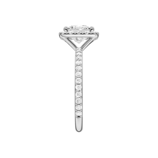 A side view of the Princess cut diamond engagement ring in platinum with a prong diamond band and cathedral setting
