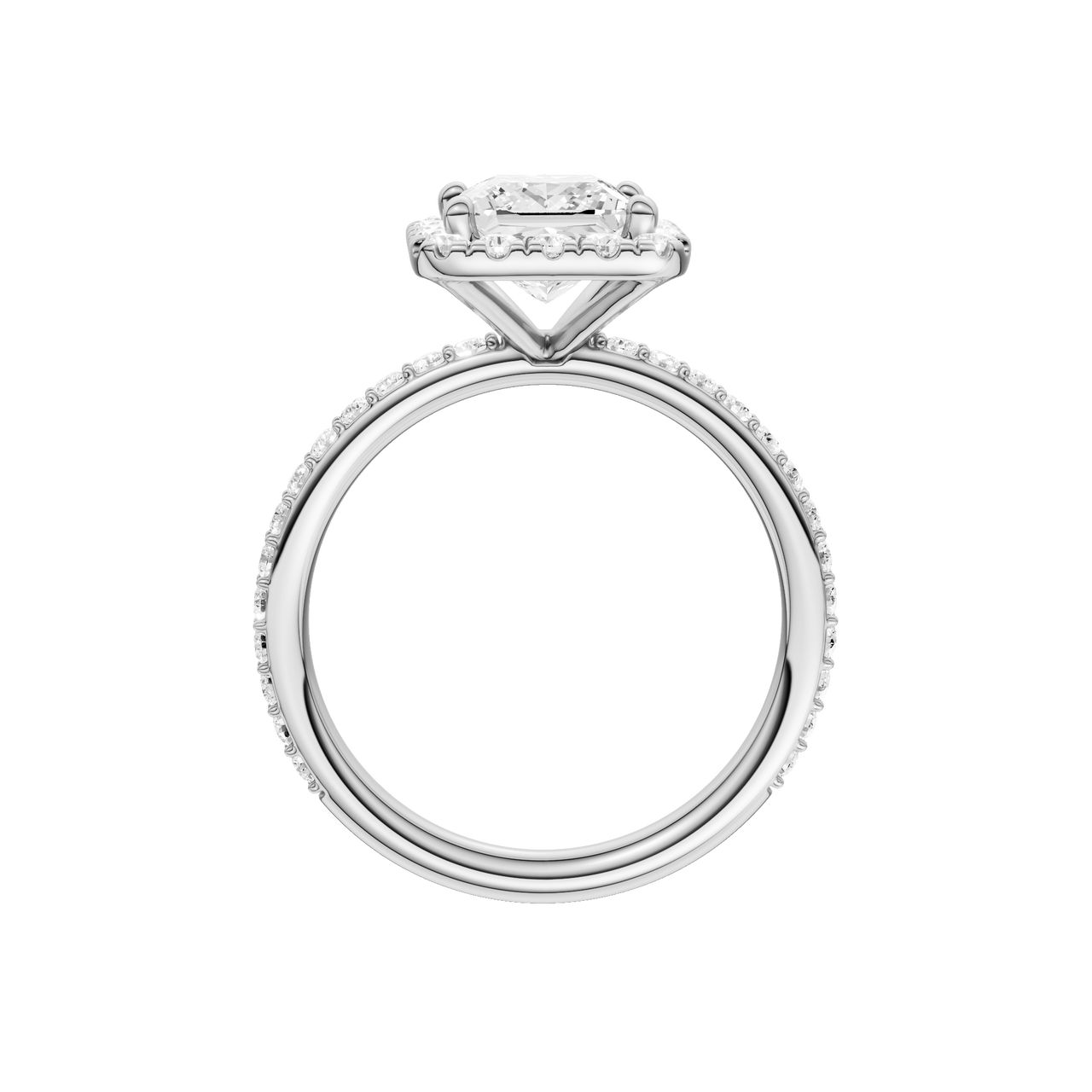 A profile view of the Princess cut diamond engagement ring in platinum with a prong diamond band and cathedral setting