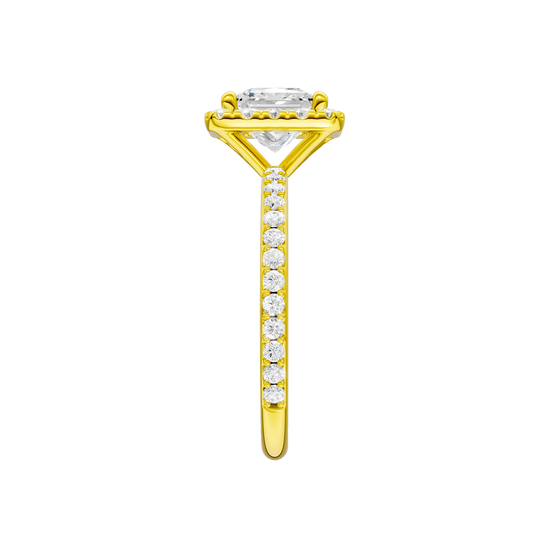 A side view of the Princess cut diamond engagement ring in 14k yellow gold with a prong diamond band and cathedral setting